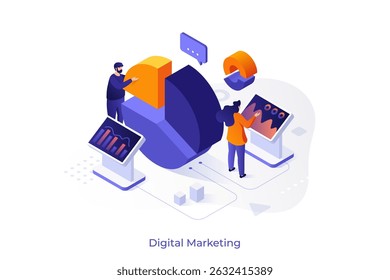 Hombre y mujer analizando datos digitales con gráficos. Equipo de análisis de negocio que trabaja con métricas en línea para el marketing digital. Ilustración vectorial en estilo isométrico.