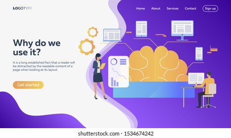 Man and woman analyzing efficiency. Brain, devices, infographics. Efficiency concept. Vector illustration can be used for topics like business, work, time management