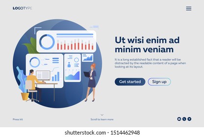 Man and woman analyzing infographics webpage. Laptop, screen, diagrams. Efficiency concept. Vector illustration can be used for topics like business, work, time management