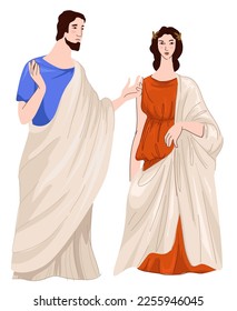 Man and woman from ancient rome wearing robes and dress. Isolated people from roman empire in clothes traditional for old times. Historical representation of appearance. Vector in flat style