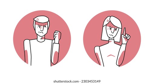 Man and woman with angry emotion circle icons, facial expression with hands. Annoyed people, expressing their negative feelings with gestures. Red vector illustration.