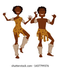 Man and woman in animal skin and fur dancing African tribe vector isolated male and female characters native aborigines desert dwellers traditions and customs ritual dance tourism and culture.