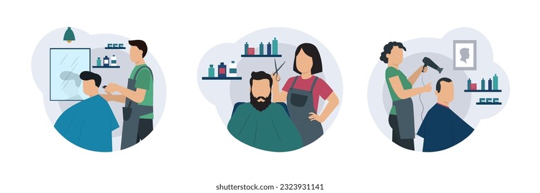 Hombre y mujer en delantal trabajando en barbería. Peluquería en uniforme trabajando con el cliente. Concepto de corte de pelo para hombres. Concepto de carrera de barbero. Ilustración vectorial plana en estilo de dibujos animados