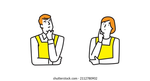 A man and a woman in aprons with their hands on their chins, thinking.