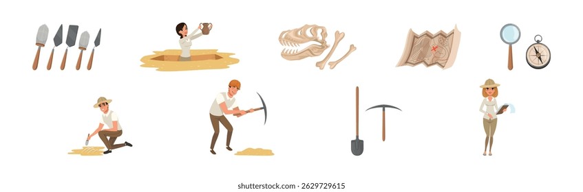 Man and Woman at Archaeological Excavation with Tools Vector Set