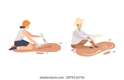 Man and Woman Archaeologist with Brush Searching for Material Remains Vector Set