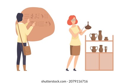 Man and Woman Archaeologist Examining Cave Drawing and Amphora Vector Set