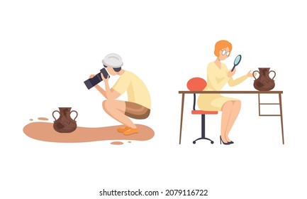 Man and Woman Archaeologist Examining Vase or Amphora as Material Remains Vector Set