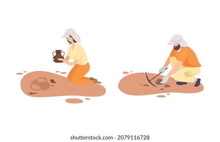 Man And Woman Archaeologist With Pickaxe Searching For Material Remains Vector Set