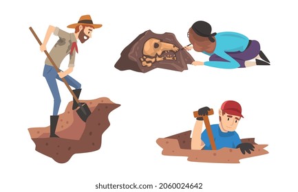 Man And Woman Archaeologist With Shovel Searching For Material Remains Vector Set