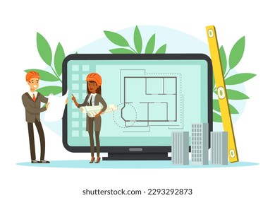 Man and Woman Architect Discussing Project and Blueprint Drawing for House Engineering Vector Illustration