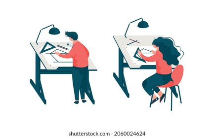 Man and Woman Architect at Table Designing Project and Blueprint for Building Construction Vector Set