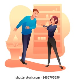 Man and woman arguing flat vector illustration. Wife and husband quarrel and swear cartoon characters. Boyfriend and girlfriend shouting at each other. Yelling aggressive people isolated clipart