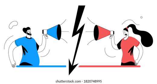 A man and a woman are arguing in megaphones. Vector illustration in outline style on the theme of equality between men and women.