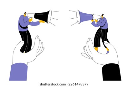 A man and a woman are arguing in megaphones. Vector illustration in outline style on the theme of equality between men and women.