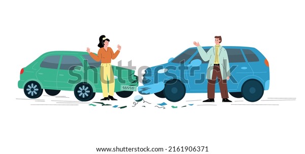 Man and woman arguing over car\
accident, two cars crashed, flat vector illustration isolated on\
white background. Angry and upset drivers during cars\
collision.