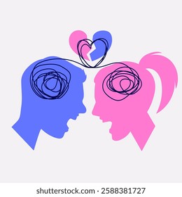 Man and woman arguing, with tangled thoughts and a broken heart Abstract vector .Relationship conflict and emotional stress. psychology articles, therapy,social awareness campaigns, mental health