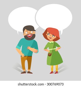 Man and woman arguing. Vector Man and woman fashion couple in flat design and dialog speech bubbles for text