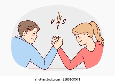 Man and woman arm wrestling decide leadership and dominance. Male and female cartoon characters demonstrate strength and power. Vector illustration. 