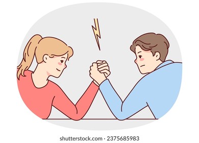 Man and woman arm wrestling decide leadership and dominance. Male and female cartoon characters demonstrate strength and power. Vector illustration.