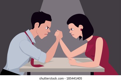 Man And Woman Arm Wrestling, Representing Gender Conflict, Vector Illustration 