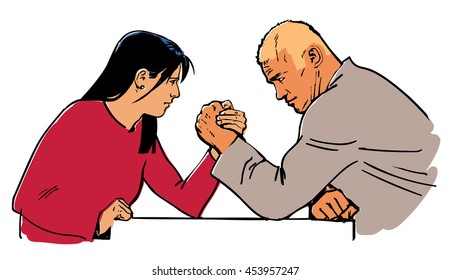 Man and woman arm wrestling.Business competition concept.Couple fighting. Gender conflict.Psychology of relationships. Hand drawn sketch vector illustration isolated on white background.