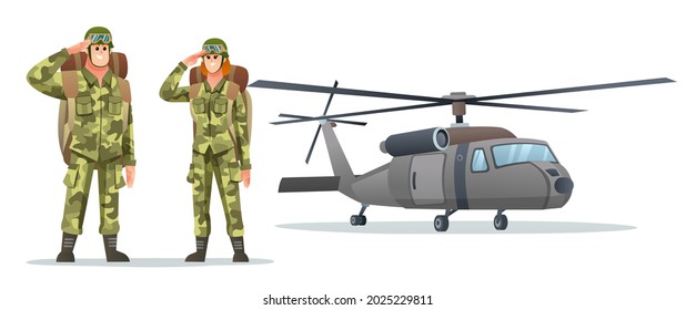 Man And Woman Army Soldier Carrying Backpack Characters With Military Helicopter Cartoon Illustration