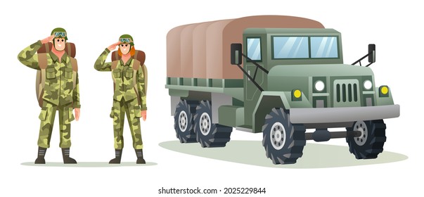 Man And Woman Army Soldier Carrying Backpack Characters With Military Truck Cartoon Illustration