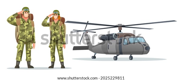 Man and woman army\
soldier carrying backpack characters with military helicopter\
cartoon illustration