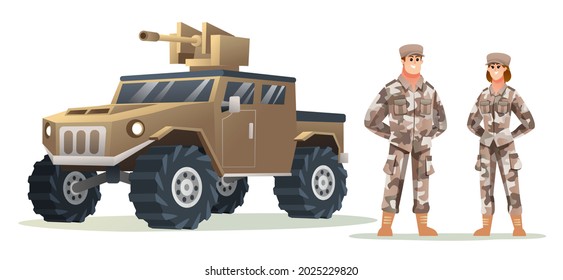 Man And Woman Army Soldier Characters With Military Vehicle Cartoon Illustration