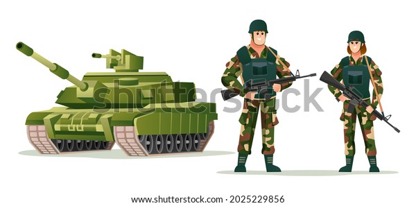 Man and woman army soldiers holding weapon\
guns with tank cartoon\
illustration
