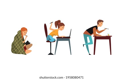 Man and Woman Artist Painting on Paper and Drawing in Graphic Editor on Laptop Vector Set