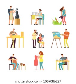 Man and woman artists in art design field. Sculptor, artist, florist. Vector cartoon people set isolated fashion designer and potter, florist and sculptor profession illustration