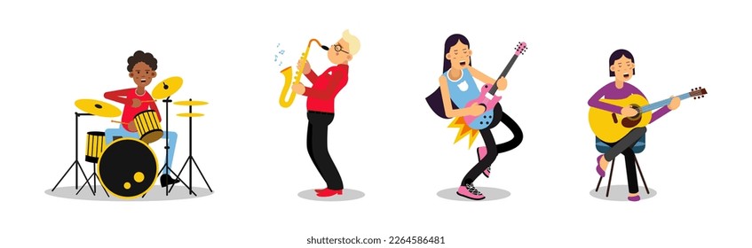 Man and Woman Artists Playing Musical Instruments on Stage Vector Set