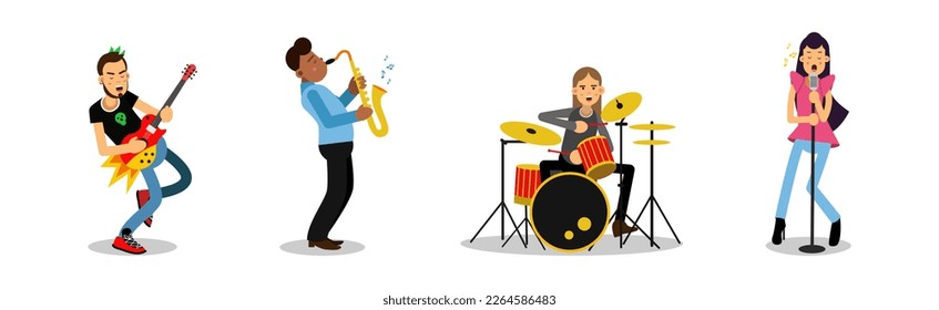 Man and Woman Artists Playing Musical Instruments on Stage Vector Set