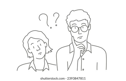 Hombre y mujer preguntan por el problema, personas sorprendidas. Ilustración vectorial dibujada a mano. Blanco y negro.