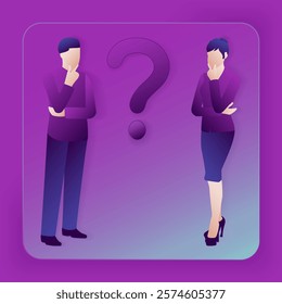 Man and woman asking questions to identify and understand the issue during the decision making process. Glass morphism. Vector illustration.