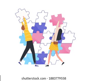 Man and woman assembling jigsaw puzzle vector flat illustration. Couple collaboration working on relationship or business problems solution together isolated on white. Concept of teamwork, support