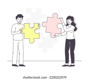 Man and Woman Assembling Jigsaw Puzzle Connecting Mosaiced Pieces Together Vector Illustration