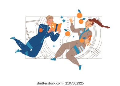 Man and Woman Astronaut Character in Outer Space in Spacesuit Flying on Space Shuttle Vector Illustration