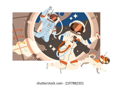 Personaje astronauta hombre y mujer en el espacio ultraterrestre en vuelo espacial sobre la ilustración del vector del transbordador espacial