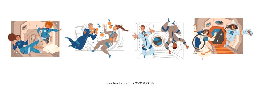 Man and Woman Astronaut Character in Outer Space in Spacesuit Vector Illustration Set