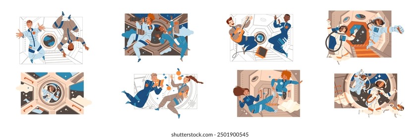 Man and Woman Astronaut Character in Outer Space in Spacesuit Vector Illustration Set