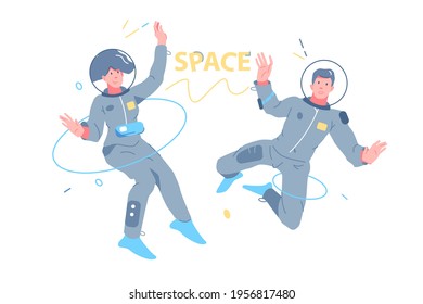 Man and woman astronauts exploring outer space vector illustration. People in spacesuit fly in space flat style. Human spaceflight, new horizons and discoveries concept. Isolated on white background