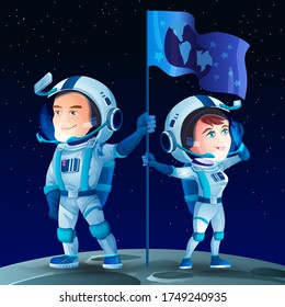 Man and woman astronauts on the Moon with a flag. Cosmonaut cute cartoon characters. Moon surface and space