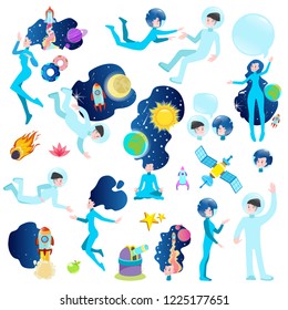 Man and woman astronauts. Space adventure. Set of vector illustrations in flat style isolated on white background.
