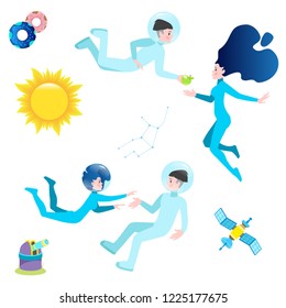 Man and woman astronauts. Space adventure. Set of vector illustrations in flat style isolated on white background.