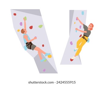 Man and woman athlete cartoon characters enjoying mountaineering bouldering on gym artificial wall