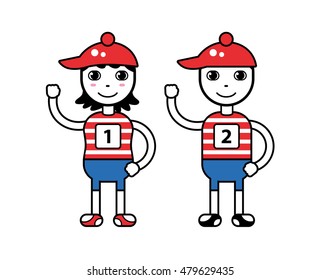 Man and woman athlete characters in sportswear with race numbers.