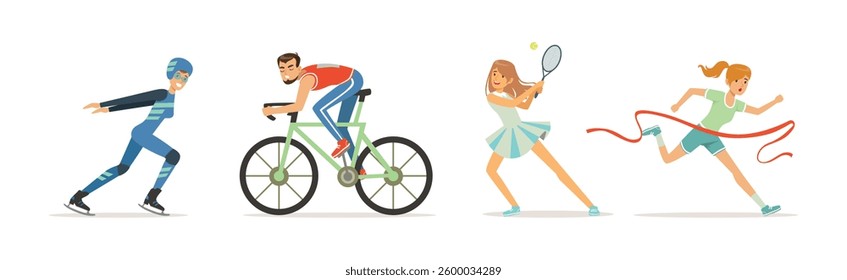 Man and Woman Athlete Engaged in Sport Competition Vector Set